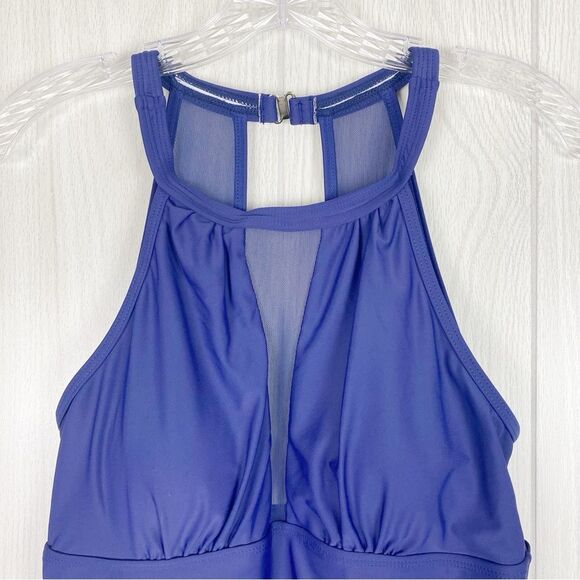 Yonique | Navy Blue Swim Dress With V-Neck Mesh Detail Size Large - Picture 3 of 10